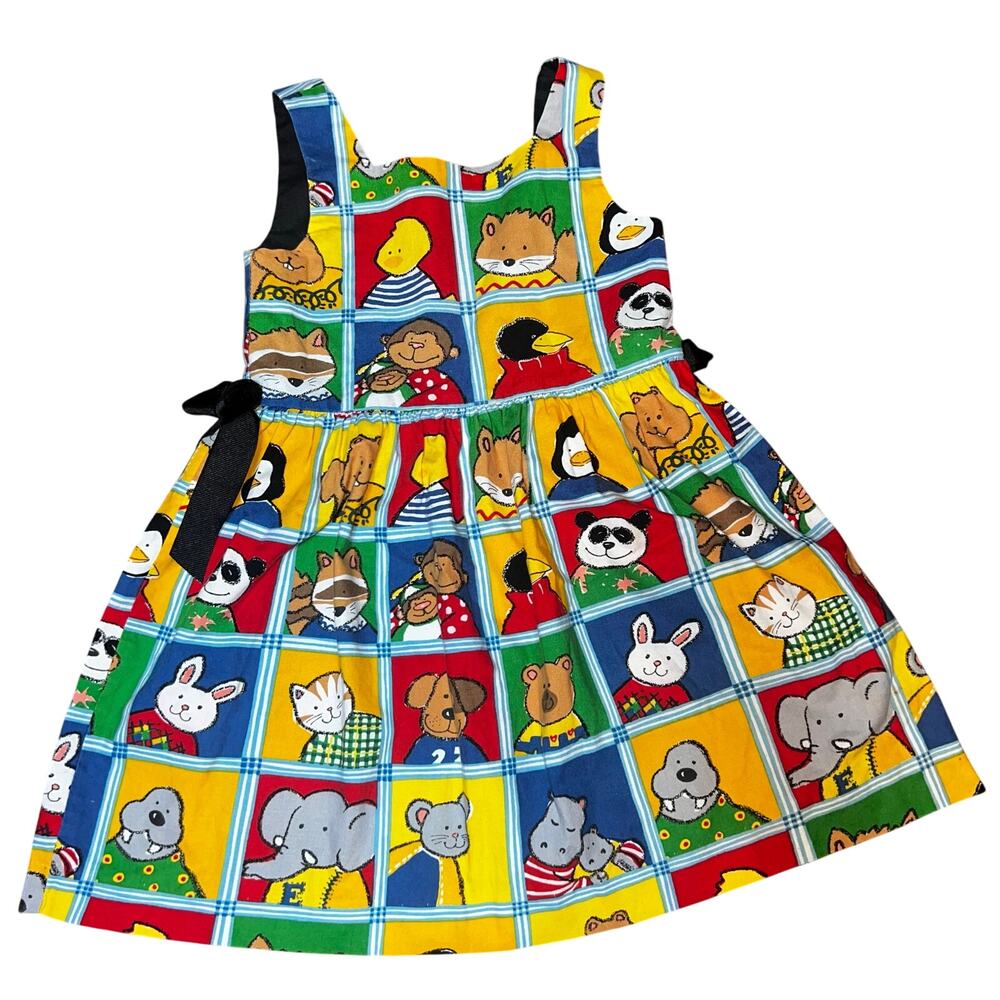 Chocolate Soup primary colors whimsical all-over animal print school dress  2T